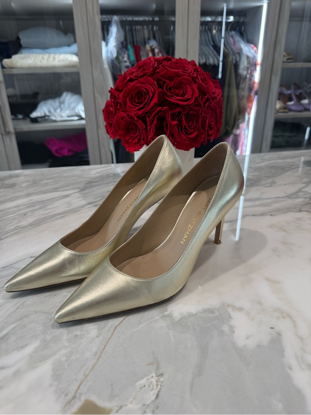 Stuart Weitzman Metallic Gold Pointed-Toe Pumps